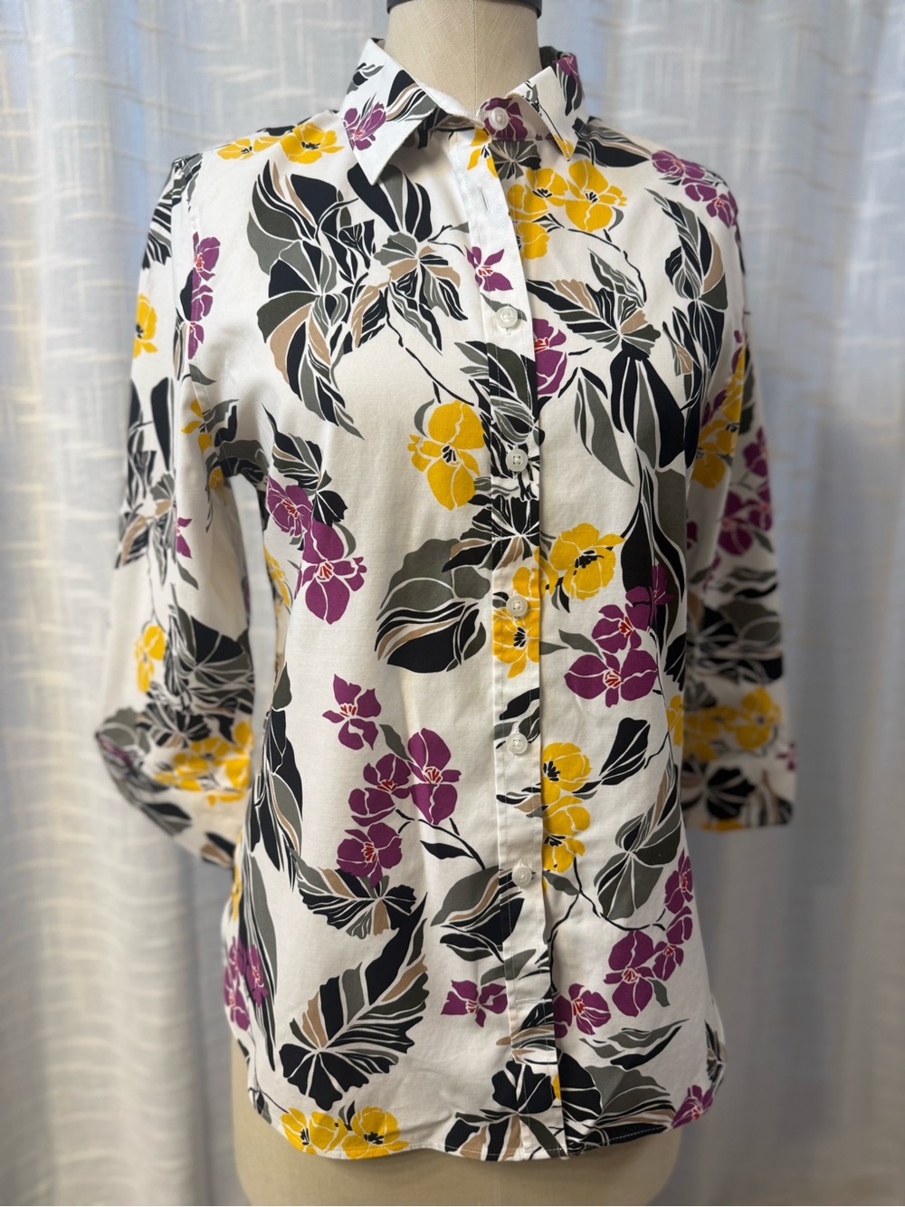 Chico's White Floral Button-Up Blouse with Yellow & Purple Blooms